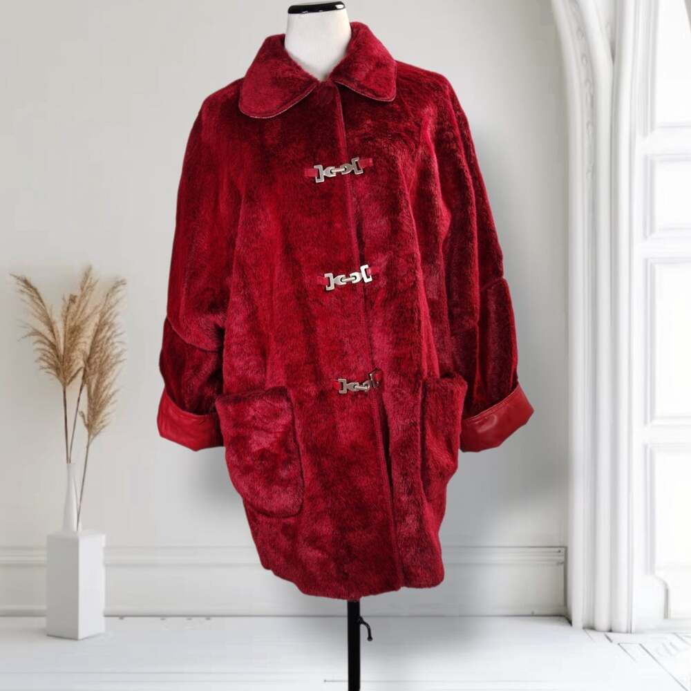 Newport News Faux Fur Coat Womens L Red Mob Wife Oversized Silver Clasp Jacket